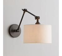 Vintage Swing Arm Wall Lamp Adjustable Bedside Reading Light with Cylinder Fabric Shade Modern Industrial Iron Sconce, Foldable E27 Retro Farmhouse Lighting Fixture for Bedro