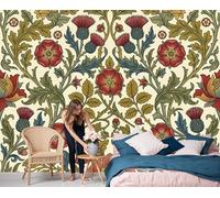 Vintage Symmetrical Thistle Flowers Wallpaper, William Morris Mural Wallpaper For Living Room, Retro Bedroom Wall Paper, Not Self Adhesive Beige Green 3D Large Wall Mural Home Decor Poster, 300X210Cm
