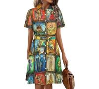 Vintage Tarot Cards Funny Shirt Dresses for Women Short Sleeve Button Down Lightweight Knee Dress