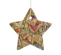 Vintage Tarot Cards Old Retro Style Christmas Ornament, Star Shape Ceramic Christmas Tree Hanging Decorations Souvenir Keepsake for New Year New Xmas Party Holiday