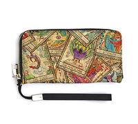 Vintage Tarot Cards Old Retro Style Long Clutch Wallet, Long Handbag with Removable Wristlet Strap, PU Leather Zip Purse, Credit Pass Case Card-Holder for Men Women