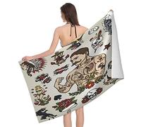 Vintage Tattoo Beach Towel, Lightweight Sand Free Quick Dry Microfiber Absorbent Bath Towel for Kids, Adults, Swimming, Bath, Yoga, Pool, Travel, Camping 32"X52"