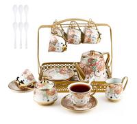 Vintage Tea Cup Set with Metal Holder and Saucer, 22 Piece European Ceramic Coffee Cup Set, with Teapot, Beautiful Tea Set Coffee Serving 6 People, for Women Tea Party Wedding