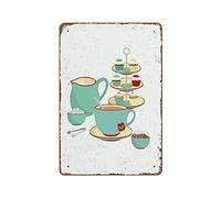 Vintage Tea Kitchen Wall Art Retro Kitchen Decor Aqua and Red Kitchen Print Tea Time Cupcakes Novelty Tin Metal Sign Plaque Bar Pub Vintage Retro Wall Decor Home Group Porch Metal Sign 8"x12"