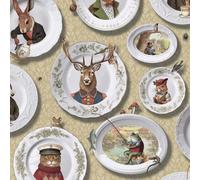 Vintage Tea Party Ochre Wallpaper - Animals Plates Feature Wall - Classic Anthropomorphic Pattern - Paste The Paper