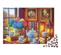 Vintage Tea Set Colourful Teacups And Flowers by Window 1000 Pcs Jigsaws Adults Beautifully Illustrated Birthday Present 52x38cm/1000pcs