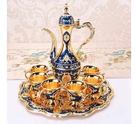 Vintage Tea Set, Moroccan Engraved Teapot Set Luxury Metal Coffee Cup Set with Golden Trim Elegant Turkish Coffee Service Set with Tray for Tea Party, Wedding (Blue)