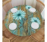 Vintage Teal Brown Wooden Board Blue Daisy Floral Round Tablecloth Farmhouse Table Cover with Elastic Edge Washable Fitted Table Cloth for Kitchen Patry Outdoor Decor Fits 45"-50", Medium