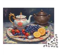 Vintage Teapot Fruit Platter 1000 Piece Jigsaw Puzzle Paper for Adults Classic Tea Set with Blueberries Oranges Home Relaxation Gift 52x38cm/1000pcs