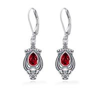 Vintage Teardrop Earrings 925 Sterling Silver Ruby Red Crystal Dangle Drop Leverback Earrings Filigree Retro Jewellery Birthday Gift for Women Her