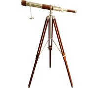 Vintage Telescope Single Barrel Shiny Brass Finish Handmade Navy Moon Arc Design Nautical Floor Standing Adjustable Wooden Tripod Stand Brown Leather Retro Style