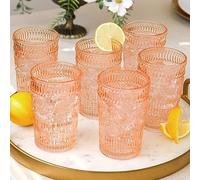 Vintage Textured Rose Gold Striped Drinking Glasses Set of 6, (13 oz) Ribbed Glassware Set | Cocktail Set, Ice Tea Glasses, Juice Glass, Water Cups