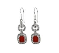 Vintage Thai Silver Marcasite Chalcedony Drop Earrings 925 Sterling Silver Dangle Earrings for Women Gift