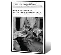 Vintage The New York Times Newspaper Canvas Wall Art Trendy Black White Girls Cocktail Cheers Prints Aesthetic Posters Every Hour Is Happy Hour Cool Headline Quotes Girly Decor 12x16in Unframed
