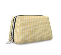 Vintage Theme,Leather Makeup Organizer,Squares with Heart Motifs,Handbag,Toiletry Bag,Waterproof Makeup Pouch,Yellow White,S