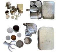 Vintage-Themed Outdoor Coffee Kit Including Espresso Maker Pour-Over Gear and Labeled Metal Tins for Essentials