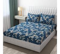 Vintage Threads Premium 100% Cotton Feel Elastic Fitted Double Bedsheets with 2 Pillow Cover| All Around Elastic 220 TC Supersoft | Size-78+72 inches (Blue Leaf)