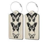 Vintage Three Butterflies Luggage Tag for Suitcase 2 Pack Leather Luggage Tag with Privacy Flap Name Id Label and Metal Loop for Women Men Travel