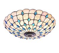 Vintage Tiffany Ceiling Light with Hand-Made Peacock Tail Painting Shell Shade,Blue Glass Beads Ceiling Lamp,Flush Mount Ceiling Lighting Fixture for Living Room Bedroom,21in 4 lights