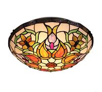 Vintage Tiffany Style Ceiling Lights 16 Inch Stained Glass Red Flowers Shade Flush Mount E27 V Ceiling Hanging Light for Living Room Bedroom,B