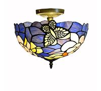Vintage Tiffany Style Ceiling Lights Colorful 12" Wide Handmade Glass Shade 11" Tall Decor Flush Mount Ceiling Lamp Fixture for Living Room Bedroom Hallway Kitchen Island Lighting,butterfly