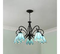 Vintage Tiffany Style Chandelier - Blue Stained Glass Pendant Light, 5 Lights Cone Shape Hanging Lamp for Dining Room, Elegant Lighting Fixture