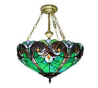 Vintage Tiffany Style Chandelier, Green Stained Glass Ceiling Light Fixtures, Retro Decoration Pendant Hanging Light for Hallway Bedroom Living Room Dining Room [Energy Class A ++],40cm