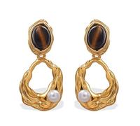 Vintage Tiger Eye Stone Drop Earrings Oval Geometric Hollow Dangle Stud Earrings Elegant Pearl Studs for Women Stainless Steel Jewelry