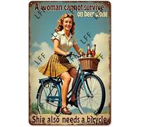 Vintage Tin Sign - A Woman Cannot Survive On Beer Alone She Also Needs A Bicycle Woman Riding Bicycle - Wall Art For Home Or Office Decore Poster For Spiritual - Metal Plaque 8 Inch X 12 Inch