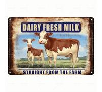 Vintage Tin Sign - "Dairy Fresh Milk Straight From The Farm" Cows in Pasture Rustic Farm Art Retro Metal Sign - Decorative Tin Sign for Dairy Enthusiasts - Wall Art for Barn/Kitchen/Farmhouse - Gift