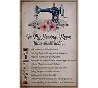 Vintage Tin Sign Funny Plaque Sewing Room Decor, 'In My Sewing Room Thou Shalt Not' Wall Art 14x20cm