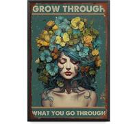 Vintage Tin Sign Grow Through What You Go Through for Home Bedroom Gifts with Metal Frame 8x12 Inch