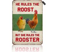 Vintage Tin Sign He Rules The Roost But She Rules The Rooster Tin Vintage Look 7.8X11.8 Inch Decoration Painting Sign for Home Kitchen Bedroom Farm Garden Farmhouse Funny Wall Decor