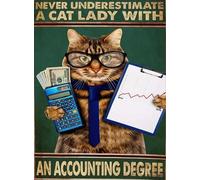 Vintage Tin Sign Never Underestimate A Cat Lady with an Accounting Degree Metal Tin Sign Wall Plaque for Home Kitchen Bar Coffee Shop 8x12inch