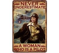 Vintage Tin Sign Pilot Never Underestimate A Woman Funny Novelty Metal Sign Retro Wall Decor For Home Gate Garden Bars Restaurants Cafes Office Store Pubs Club Sign Gift 12 X 8 INCH Plaque Tin Sign