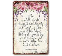 Vintage Tin Sign Proverbs 31:25 Bible Quotes Wall Art Scripture Wall Art She Is Clothed With Strength And Dignity Printable Nursery Bible Verse Print For Bedroom Metal Tin Sign 8"x12"