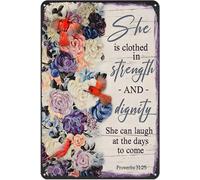 Vintage Tin Sign She is Clothed in Strength and Dignity Retro Decor Art Sign Home Kitchen Bar Cafe Club Cave Wall Decor Metal Sign 8x12 Inch