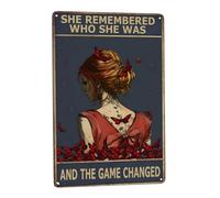 Vintage Tin Sign - She Remembered Who She Was - Boho Wall Art for Hippie Garden Decor, Funny Bathroom Sign, Retro Metal Gift - 8x12 inch for Romantic Aesthetic Room, Teen Girls, Veterans Day