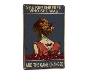 Vintage Tin Sign - She Remembered Who She Was - Boho Wall Art for Hippie Garden Decor, Funny Bathroom Sign, Retro Metal Gift - 8x12 inch for Romantic Aesthetic Room, Teen Girls, Veterans Day