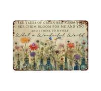 Vintage Tin Sign - What a Wonderful World Poster Art for Wall Decoration Retro Boho Metal Print with Red Roses, Trees, and Flowers Perfect for Home, Cafe, Kitchen Size 8x12 Inches