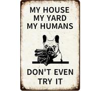 Vintage Tin Warning My House My Yard My Humans Don't Even Try It Chic Nostalgic Dog Metal Signs Wall Decor Poster For Gate Living Room Farmhouse Yard Home 8x12inch