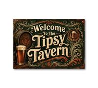 Vintage Tipsy Tavern Metal Plaque - Pub Sign Design with Beer Barrel, Pint and Ornate Flourishes, Rustic Green and Copper Wall Decor