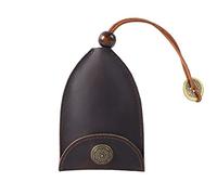 Vintage top layer cowhide car key bag anti-drop rope portable card bag Metal key ring manual pull-out storage bag, Coffee, One size