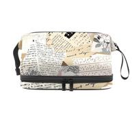 Vintage Torn Newspape Fragments Double Layer Cosmetic Bag for Women and Girls, Travel Toiletry Bag Makeup Handy Pouch Organiser Bag with Brush Compartment