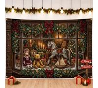 Vintage Toy Shop Holiday Scene Rocking Horse Backdrop Banner 71x43 Inch | Vintage Style, Photography Backdrop, Holiday Window Display, Traditional Toys, Rich Wood Tones, Seasonal Greenery