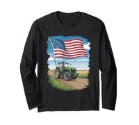 Vintage Tractor with Distressed Flag Design Long Sleeve T-Shirt