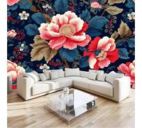 Vintage Traditional Ornate Floral Peony Wall Mural Wallpaper 400 x 280 cm, Dark Blue Printed Wall Covering Backdrop, Large Wall Art Decor for Home Office, Bedroom & Living Room