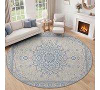 Vintage Traditional Round Washable Rug 120 cm - Soft Classical European Vine Pattern Area Carpet with Non-Slip Backing, Durable Floor Mat for Bedroom, Living Room, Kids Playroom, Nursery (Grey)