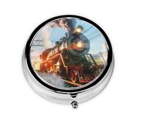 Vintage Train Pattern Round Pill Box with 3 Compartments, Mini Metal Pill Organizer for Purse or Pocket, Lightweight Portable for Daily Use Gifts Travel
