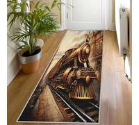 Vintage Train Print Runner Rug for Hallway, 60x200, Steam Engine Pattern Throw Rug Entrance Medieval Steampunk Decor Carpet, Washable Non-Slip Rugs Runners for Living Room Bedroom, sU375